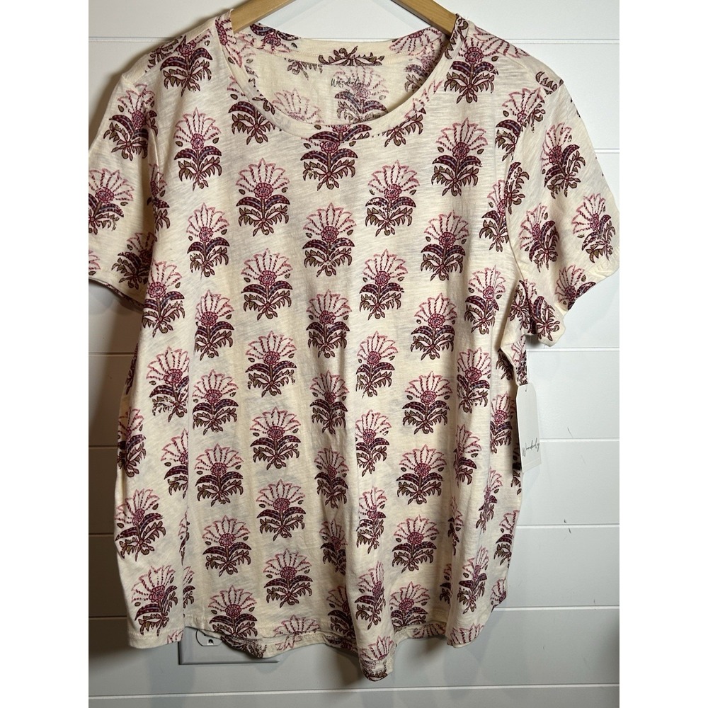 Wonderly Womens 2X Stamp Floral Slub Knit T-Shirt Cream Burgundy 100% Cotton NWT